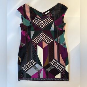 Versace Collection Geometric Multicolor Print V-Neck Sheath Dress 50 IT 14 US